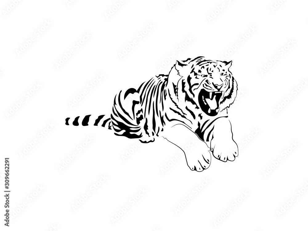 Tiger. Tattoo, stencil, logo. Black and white.