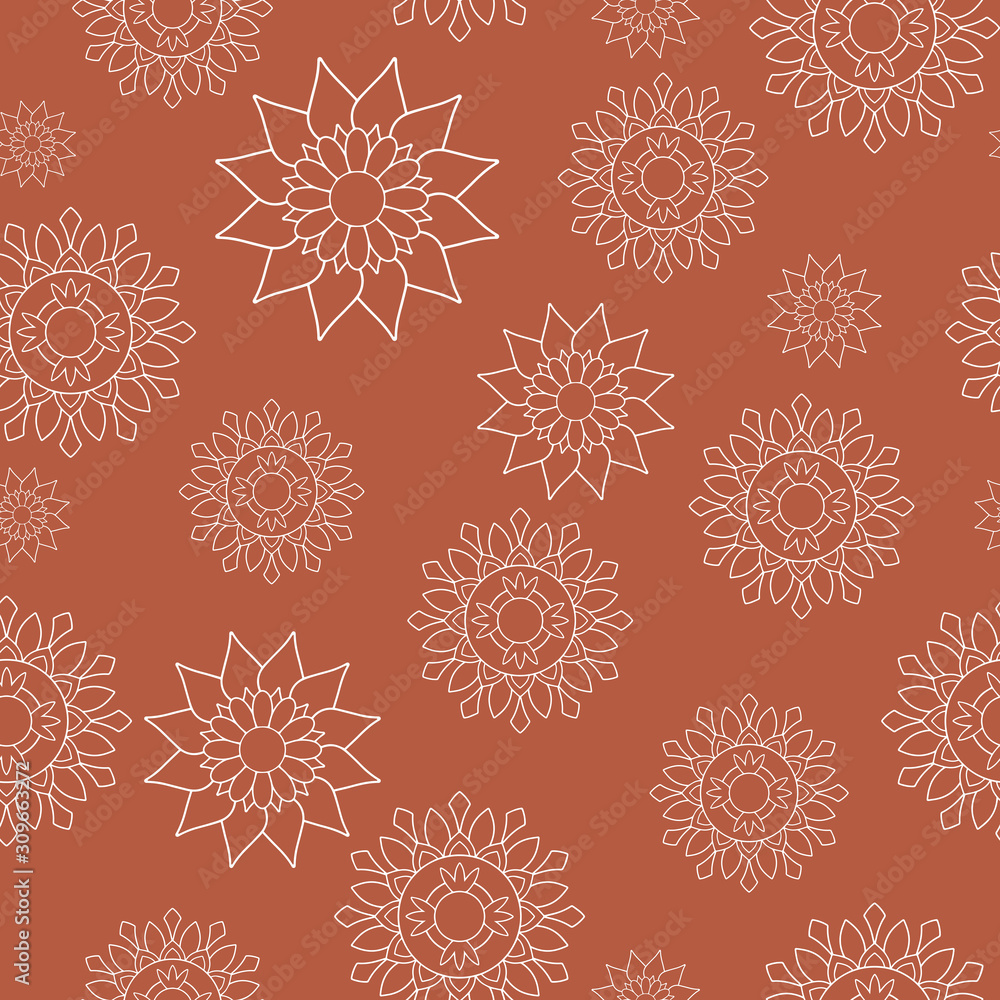 Seamless repeat pattern, eastern style. White floral mandalas on orange background. Oriental decorative motifs perfect for printing on fabric or paper. Vector illustration. Seamless repeat pattern, eastern style. White floral mandalas on orange background. Oriental decorative motifs perfect for printing on fabric or paper. Vector illustration.