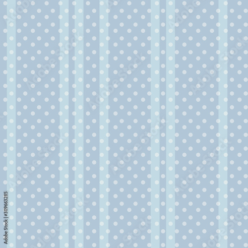 Seamless light tender striped blue vector retro pattern with small white round dots.