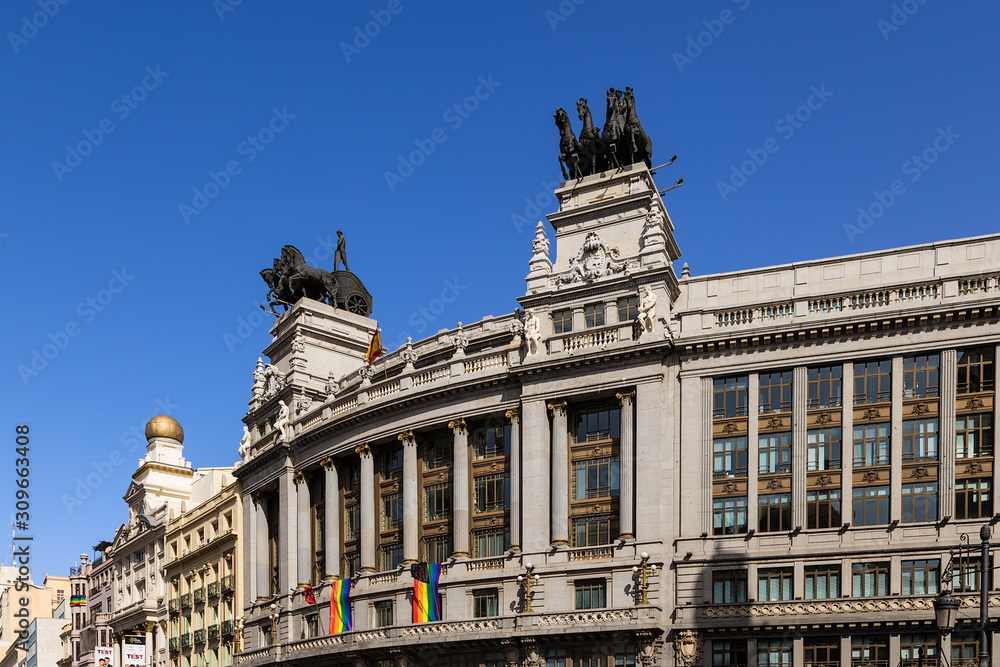 Fototapeta premium Madrid, Spain. Beautiful facade of a building on Alcala street