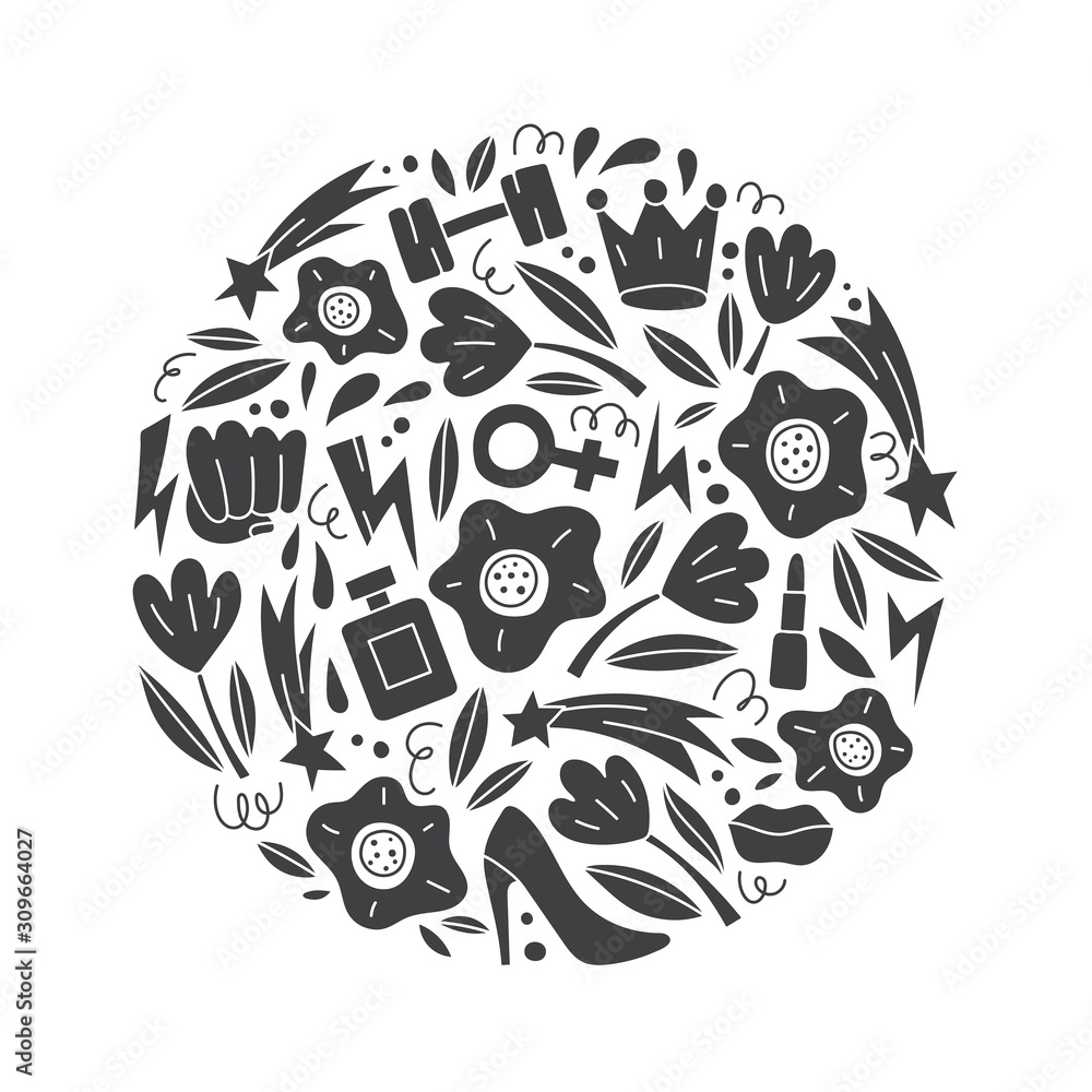 Fototapeta premium Vector round illustration with female and feminism symbols and objects. Feminism concept isolated on white background. Girl power.