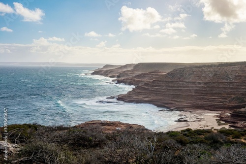 Beautiful sandy beach at Pot Alley in Kalbarri National Park in Western Australia viewed from Eagle Gorge