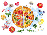 Watercolor flatlay composition with pizza and ingredients on blue