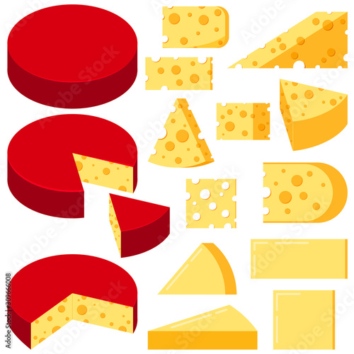 Cheese various shapes slices vector set isolated on white background.