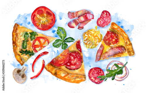 Watercolor composition with pizza and ingredients on blue