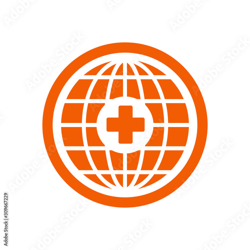 Earth globe logo with medical cross in a center. Travel medicine insurance concept.