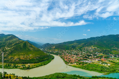 Mtshkheta, confluence of Kura and Aragvi River and Old Town with Svetitskhoveli Cathedral seen from Jvari Church