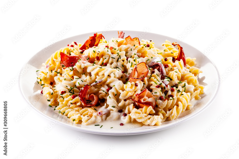 Pasta carbonara on white background