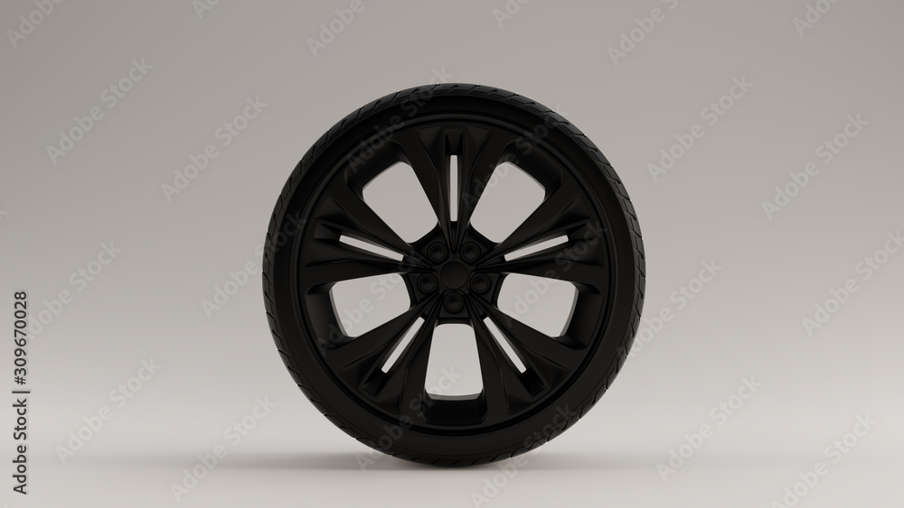 Matte Black Alloy Rim Wheel with a 5 Detailed Flared Spokes Open Wheel Design with Racing Tyre 3d illustration 3d render