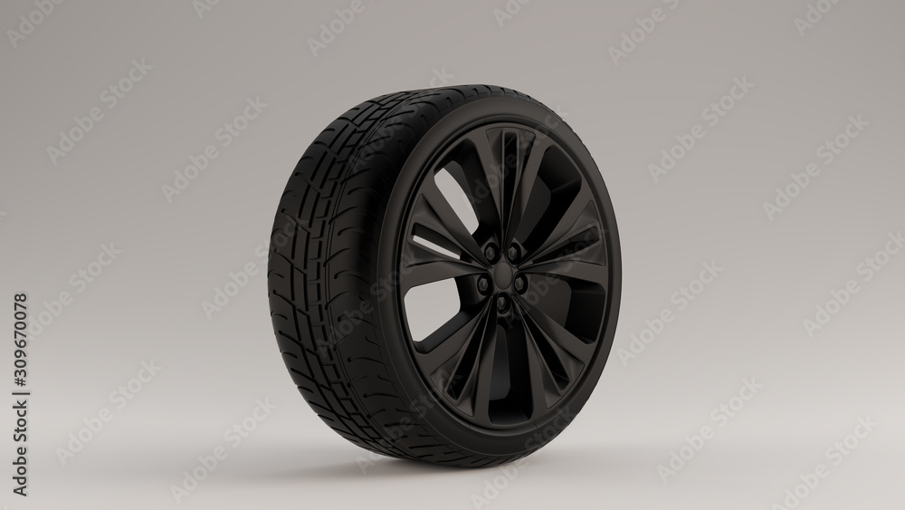 Matte Black Alloy Rim Wheel with a 5 Detailed Flared Spokes Open Wheel Design with Racing Tyre 3d illustration 3d render