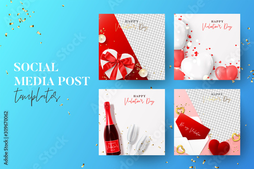 Social media banners for Valentine's Day. Vector illustration with realistic holiday decorative elements. Set of festive covers, holiday gift cards, social media posts, promotion banners.