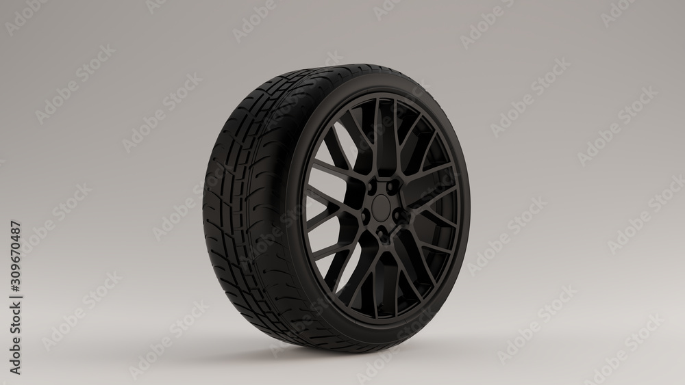 Matte Black Alloy Rim Wheel with a Complex Multi Spokes Open Wheel Design with Racing Tyre 3d illustration 3d render