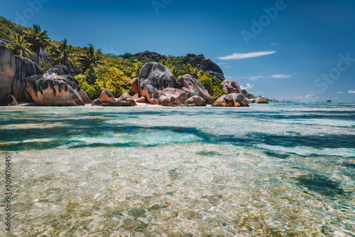 Anse Source d'Argent - exotic paradise beach with granite boulders on island La Digue at Seychelles