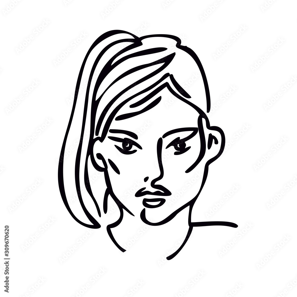 Portrait of a girl. Black line drawing. Laconic stylized image. Beautiful girl, woman. Portrait of a girl. Black line drawing. Laconic stylized image. Beautiful girl, woman.