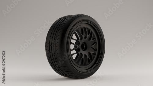 Matte Black Alloy Rim Wheel with a Complex Multi Star Spoke Pattern Open Wheel Design with Racing Tyre 3d illustration 3d render