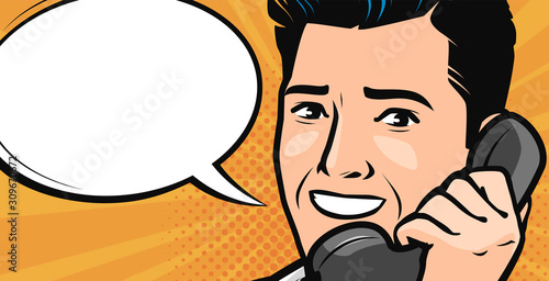Man talking on the phone. Vector illustration in style comic pop art