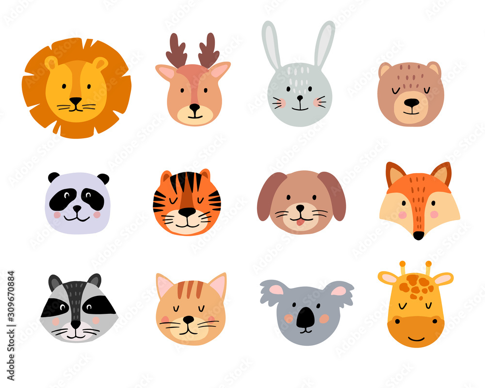 Cute animal hand drawn faces set on white background. Cartoon characters of lion, giraffe, deer, koala, bear, cat, bunny, fox, raccoon, tiger, dog, panda. Vector illustration