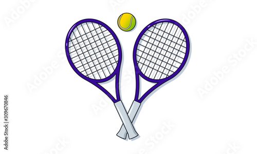 Tennis ball and rackets vector illustration. Flat linear image of sport equipment - yellow tennis ball and racquets - isolated on white. Healthy lifestyle, sport and fitness, playing games concepts.