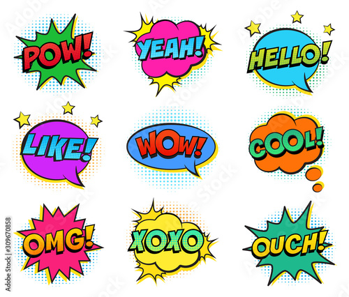 Retro colorful comic speech bubbles set on white background. Expression text POW, YEAH, WOW, HELLO, YEAH, OMG, LIKE, COOL, OUCH. Vector illustration, pop art style.