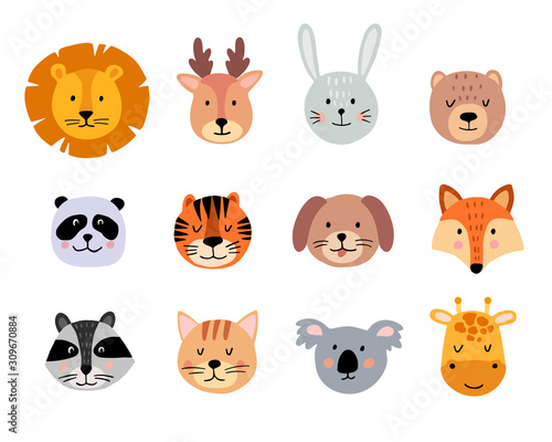 Cute animal hand drawn faces set on white background. Cartoon characters of lion, giraffe, deer, koala, bear, cat, bunny, fox, raccoon, tiger, dog, panda. Vector illustration