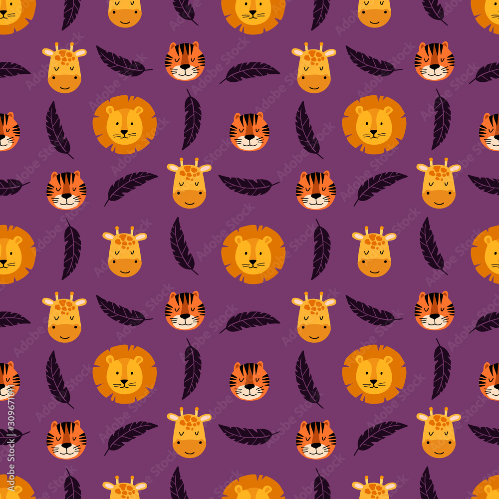 Obraz premium Tropical cute seamless pattern with wild animals faces lion, tiger, giraffe and palm leaves. Scandinavian style. Vector illustration