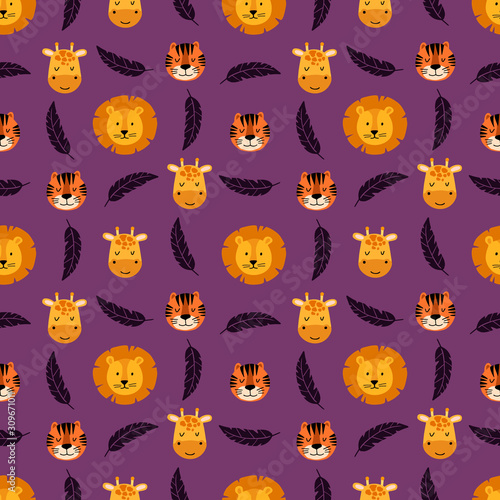 Tropical cute seamless pattern with wild animals faces lion, tiger, giraffe and palm leaves. Scandinavian style. Vector illustration