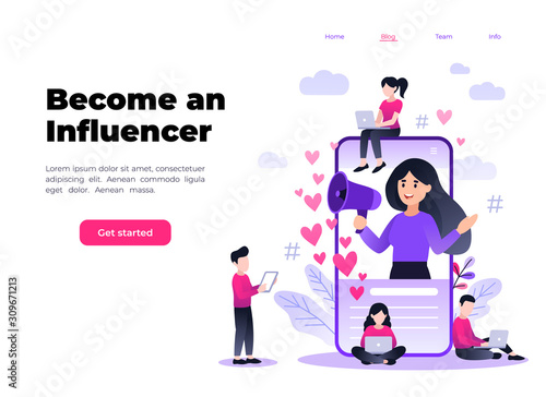 Flat vector style illustration with characters - influencer marketing concept - blogger promotion services, goods for followers online. Social media influencer shouting in megaphone from smartphone.