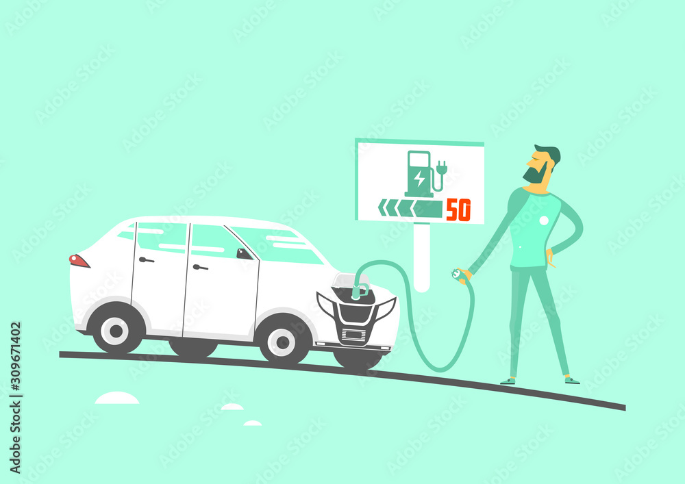 Illustration of the discharged electric car problem. Cartoon character with an electric car. Flat vector.