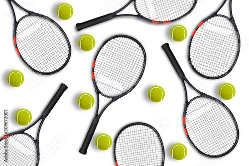 Tennis Racket and Ball Seamless Pattern Background on a White Equipment for Competition Play Game Concept © Angelov