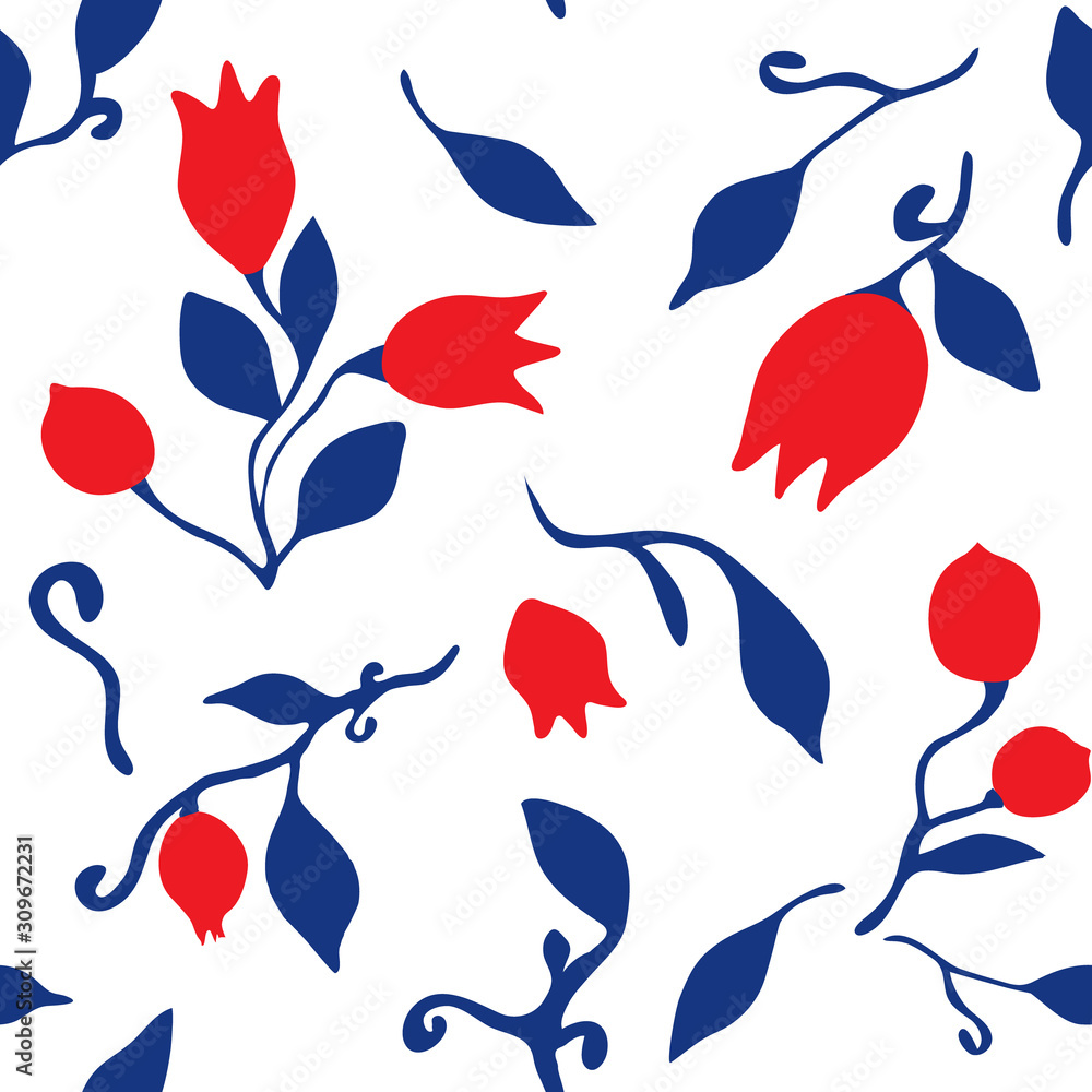 Seamless pattern of flowers and leaves. For use in the design of textiles, notebooks, kitchen dishes, wrapping paper Seamless pattern of flowers and leaves. For use in the design of textiles, notebooks, kitchen dishes, wrapping paper