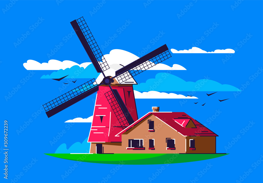 Vector illustration of a classic mill with a house