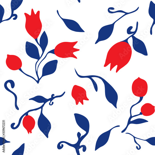 Seamless pattern of flowers and leaves. For use in the design of textiles, notebooks, kitchen dishes, wrapping paper