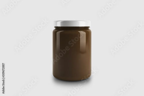 Chocolate spread in Glass Jar Mock up on light gray background with white label.3D rendering