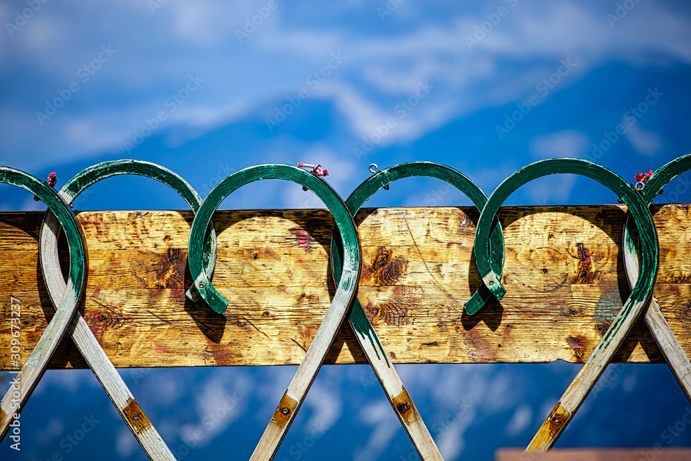 Metal hearts on wood