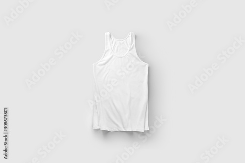 Blank White Tank Top Shirt Mock up on light gray background, back side view.White sleeveless.3D Rendering.