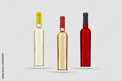 Set of White, Rose, and Red Wine Bottles isolated on light gray background.3D rendering