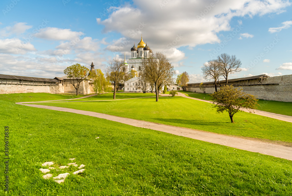 View of Holy Trinity Cathedral in the Pskov Krom or Pskov Kremlin, Russia View of Holy Trinity Cathedral in the Pskov Krom or Pskov Kremlin, Russia