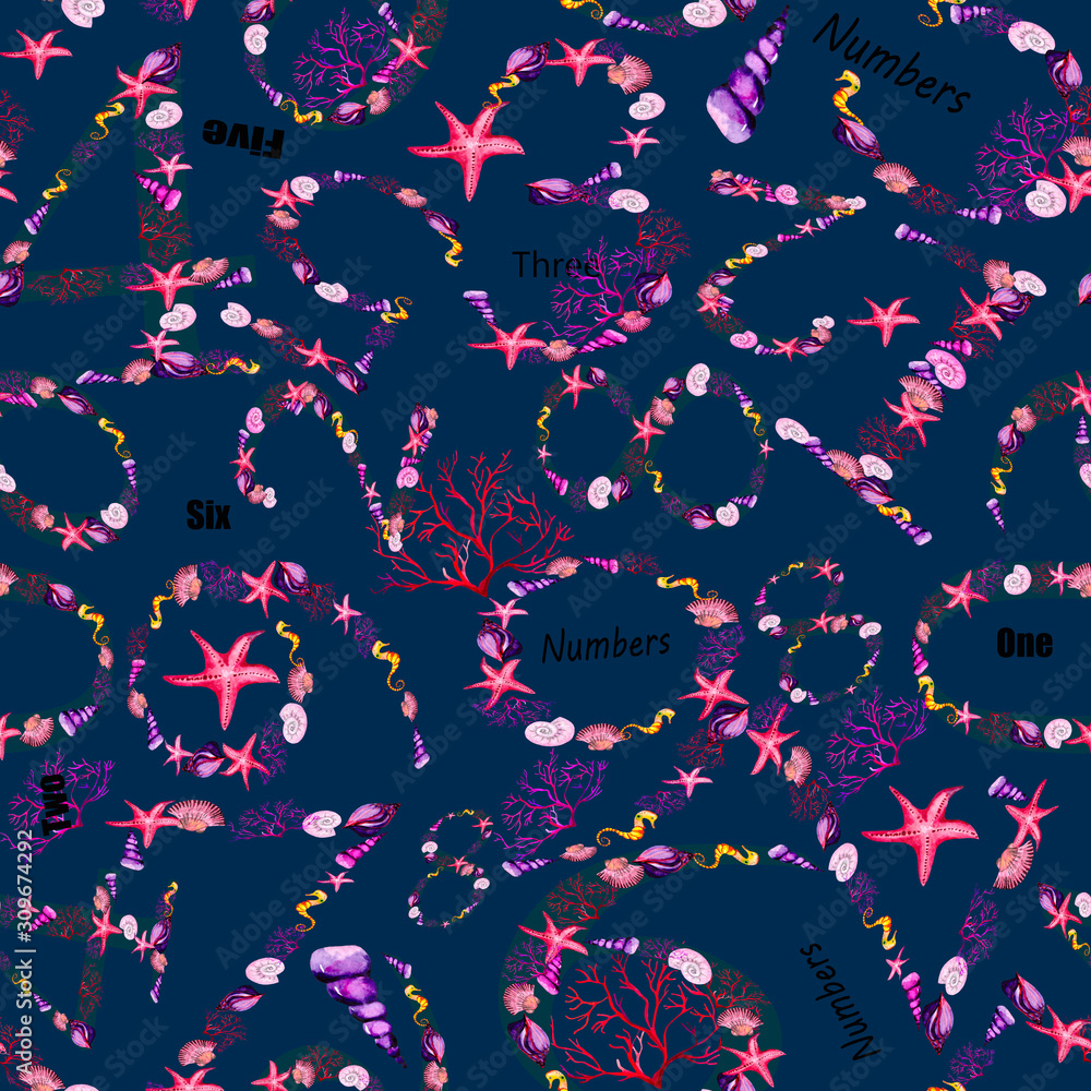 Seamless pattern with numbers of shells and corals. Watercolor background for Wallpaper, textiles, packaging or covers.