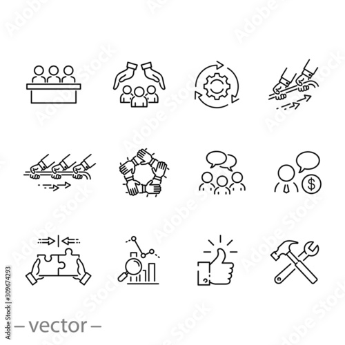 business team icon set,  strategy teamwork, management people, cooperation plan, thin line web symbols on white background - editable stroke vector illustration eps10