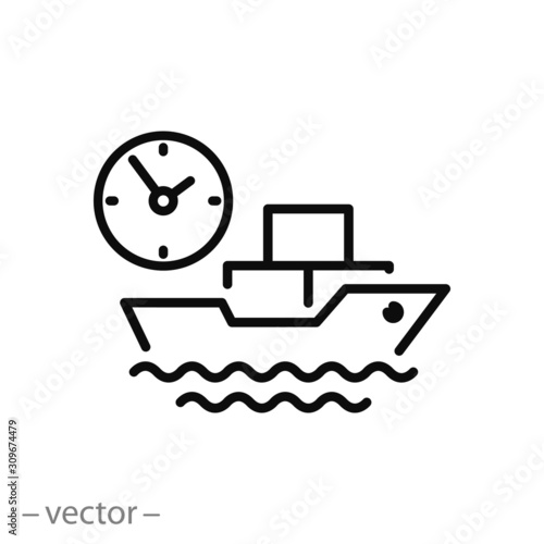 time transportation on cargo ship icon, big marine vessel, sea transport, commercial  container delivery, thin line web symbol on white background - editable stroke vector illustration eps10
