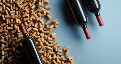 Three red wine glass bottles lies with a lot of wine corks. Top view. 3D render