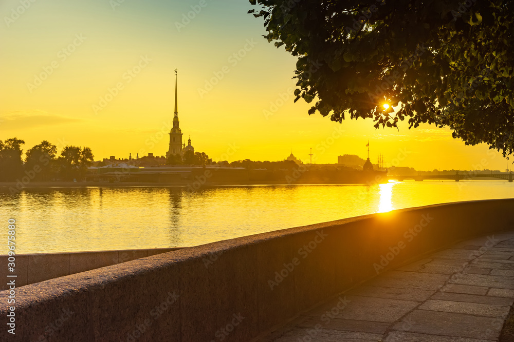 Saint Petersburg. Russia. Peter-Pavel's Fortress. Sunset in St. Petersburg. Panorama evening city. Walking in Petersburg. Neva River. Peter and Paul Fortress during sunset. Romance. Russia europe