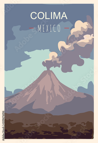 Colima retro poster. Colima travel illustration. States of Mexico photo