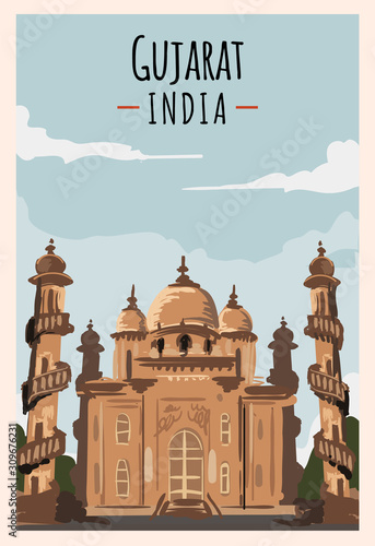 Gujarat retro poster. Gujarat travel illustration. States of India greeting card. photo