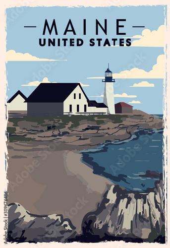 Maine retro poster. USA Maine travel illustration. United States of America greeting card.