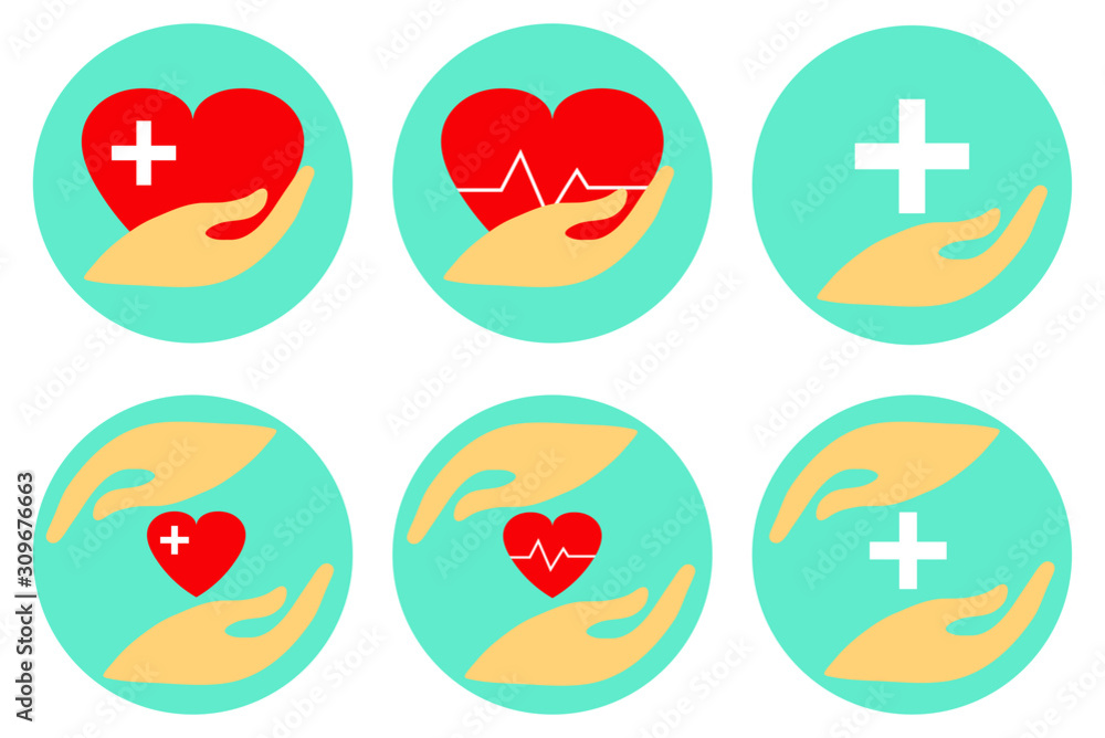 Set of medical care vector icons. Two hands holding a red heart, medical cross and heartbeat symbol in the palms in a blue circle isolated on white background.