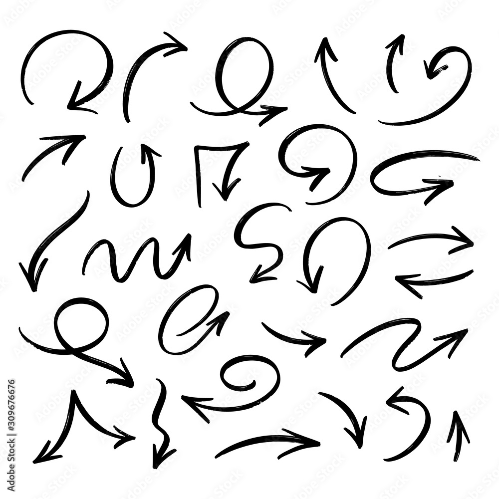 Vector set of hand drawn by brush black grunge arrows on white background. Abstract different dry brush arrows. Collection of chaotic doodle elements for design, concept, template, print, textile. Vector set of hand drawn by brush black grunge arrows on white background. Abstract different dry brush arrows. Collection of chaotic doodle elements for design, concept, template, print, textile.