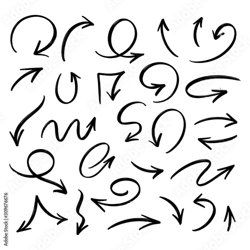 Vector set of hand drawn by brush black grunge arrows on white background. Abstract different dry brush arrows. Collection of chaotic doodle elements for design, concept, template, print, textile.
