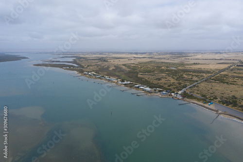 Aerial photograph of The Coorong at the mouth of the River Murray near Goolwa in South Australia