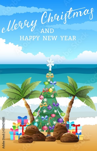 Tropical Christmas beach sand palm trees boxes